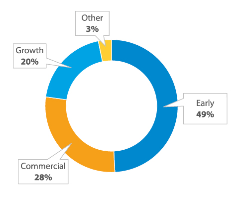 A pie chart showing Early: 49%, Commercial: 28%, Growth: 20% and Other: 3%