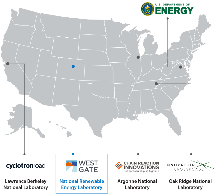 Map shows the locations of the four Lab-Embedded Entrepreneurship Programs (LEEP) in the United States: Cyclotron Road at Lawrence Berkeley National Laboratory in California, West Gate at the National Renewable Energy Laboratory in Colorado, Chain Reaction Innovations at Argonne National Laboratory in Illinois; and Innovation Crossroads in Tennessee.